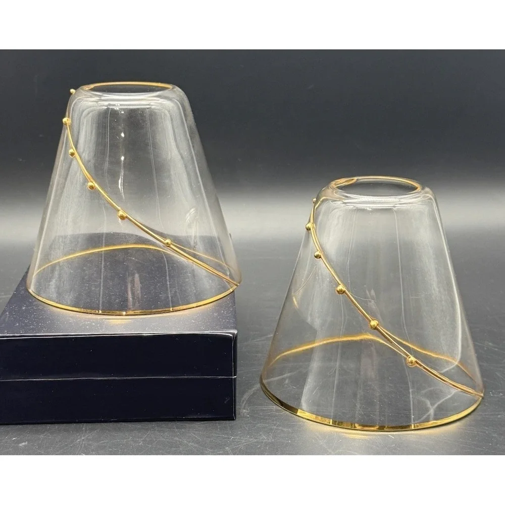 Pair Clear Glass Lamp Shades with Applied Gold Glass Beading Thin Elegant Style